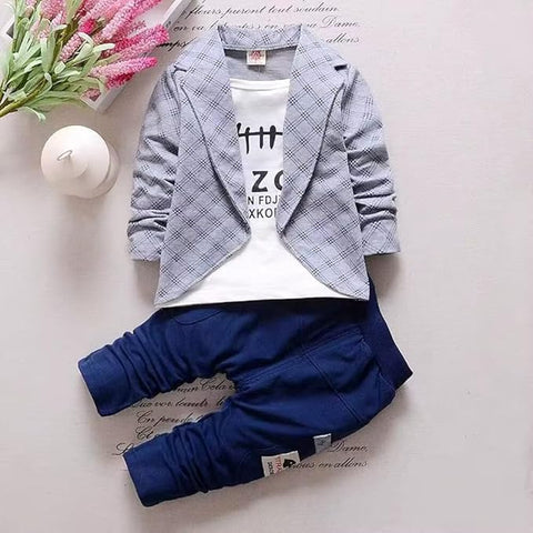 Cotton Printed Check Full Sleeve Jacket Attached T-Shirt Pant Clothing Set For Boy's