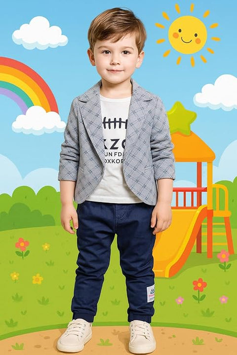 Cotton Printed Check Full Sleeve Jacket Attached T-Shirt Pant Clothing Set For Boy's