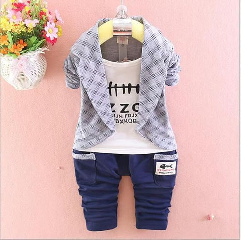 Cotton Printed Check Full Sleeve Jacket Attached T-Shirt Pant Clothing Set For Boy's