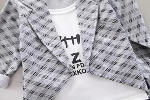 Cotton Printed Check Full Sleeve Jacket Attached T-Shirt Pant Clothing Set For Boy's