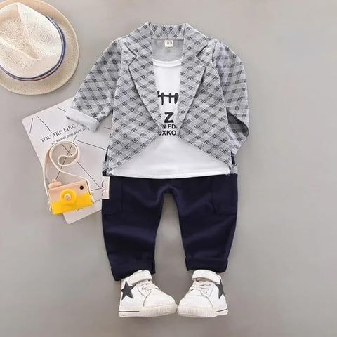 Cotton Printed Check Full Sleeve Jacket Attached T-Shirt Pant Clothing Set For Boy's