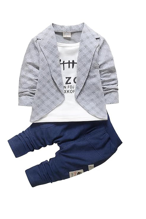 Cotton Printed Check Full Sleeve Jacket Attached T-Shirt Pant Clothing Set For Boy's