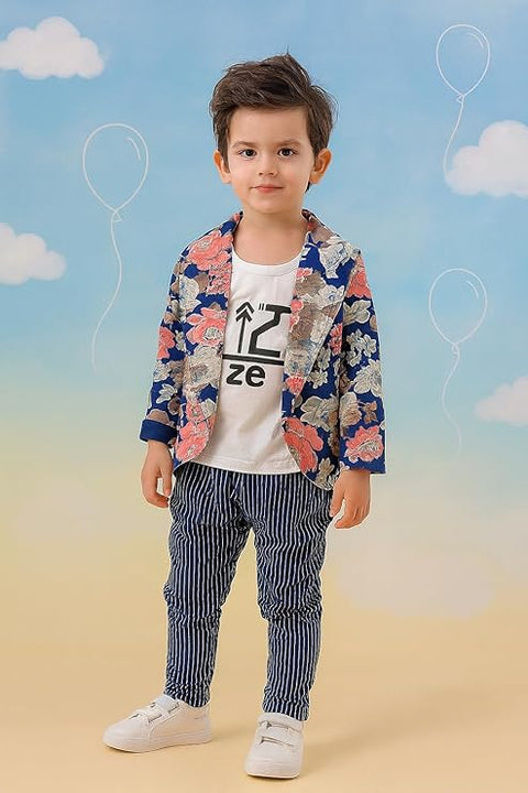 Cotton Printed Check Full Sleeve Jacket Attached T-Shirt Pant Clothing Set For Boy's
