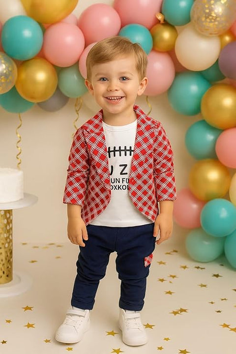 Cotton Printed Check Full Sleeve Jacket Attached T-Shirt Pant Clothing Set For Boy's