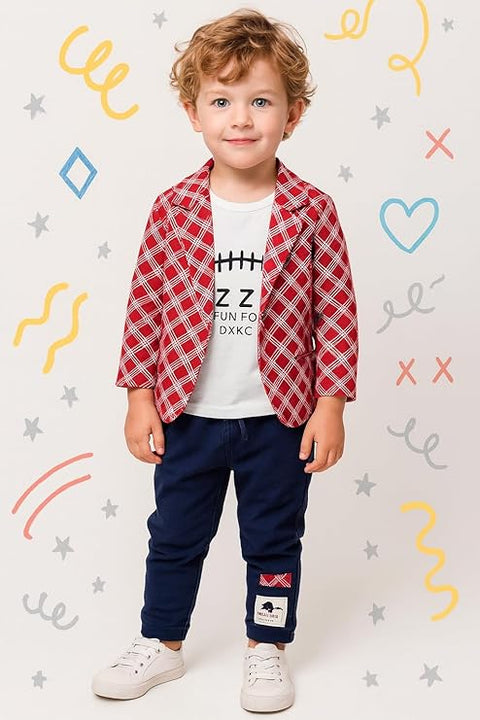 Cotton Printed Check Full Sleeve Jacket Attached T-Shirt Pant Clothing Set For Boy's