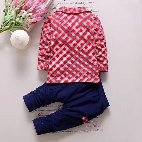 Cotton Printed Check Full Sleeve Jacket Attached T-Shirt Pant Clothing Set For Boy's