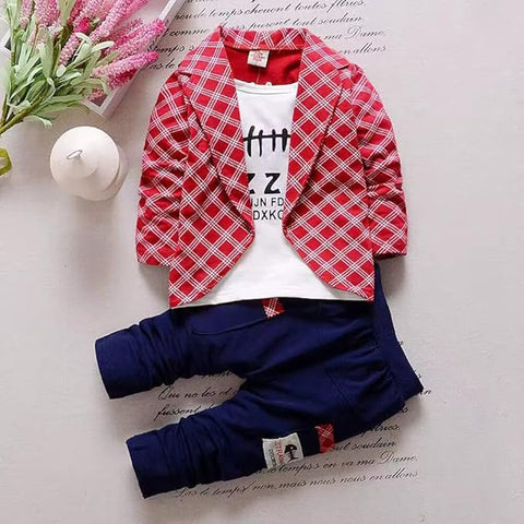 Cotton Printed Check Full Sleeve Jacket Attached T-Shirt Pant Clothing Set For Boy's