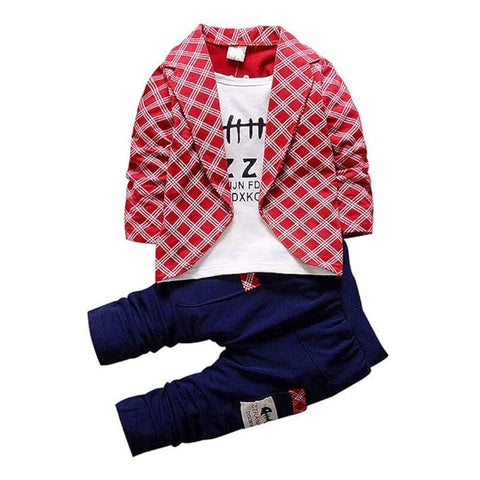 Cotton Printed Check Full Sleeve Jacket Attached T-Shirt Pant Clothing Set For Boy's