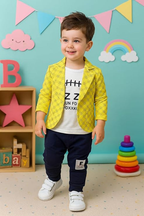 Cotton Printed Check Full Sleeve Jacket Attached T-Shirt Pant Clothing Set For Boy's