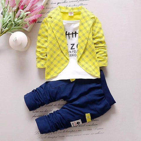 Cotton Printed Check Full Sleeve Jacket Attached T-Shirt Pant Clothing Set For Boy's