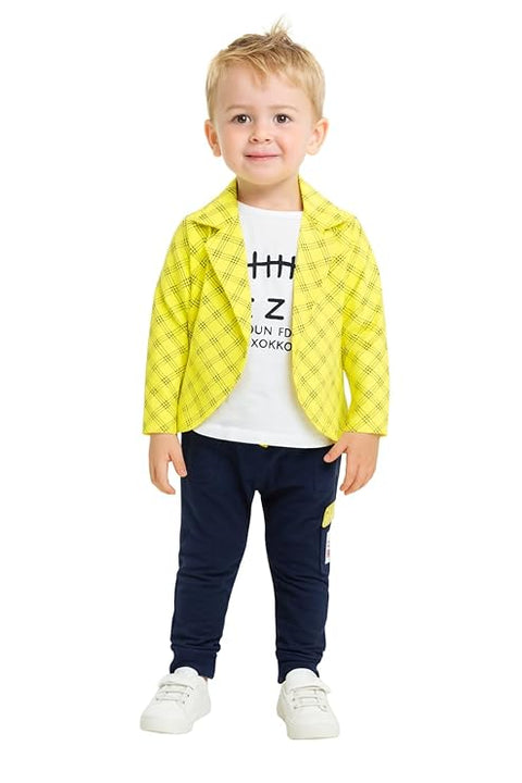 Cotton Printed Check Full Sleeve Jacket Attached T-Shirt Pant Clothing Set For Boy's