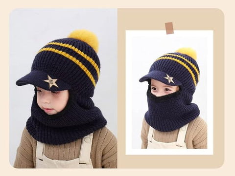 Woolen Warm Pom Pom Monkey Visor Cap Beanie with Anti Flop Brim Winter Accessories for Kids