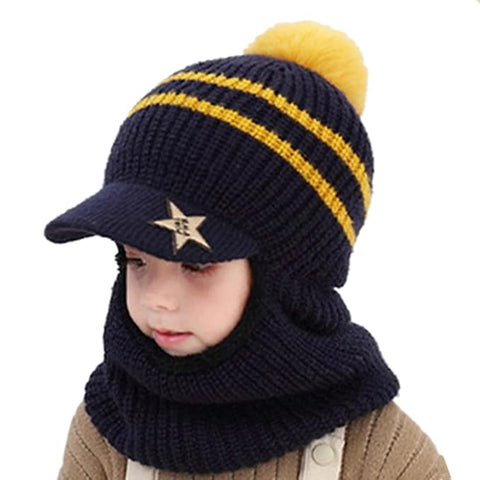 Woolen Warm Pom Pom Monkey Visor Cap Beanie with Anti Flop Brim Winter Accessories for Kids