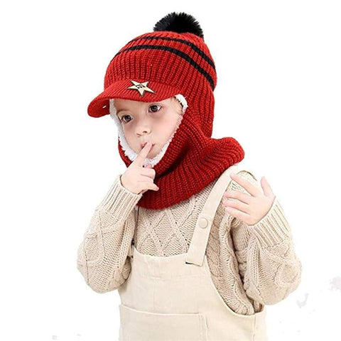 Woolen Warm Pom Pom Monkey Visor Cap Beanie with Anti Flop Brim Winter Accessories for Kids