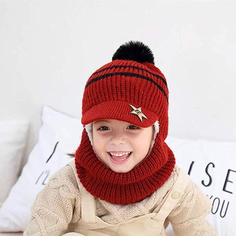 Woolen Warm Pom Pom Monkey Visor Cap Beanie with Anti Flop Brim Winter Accessories for Kids