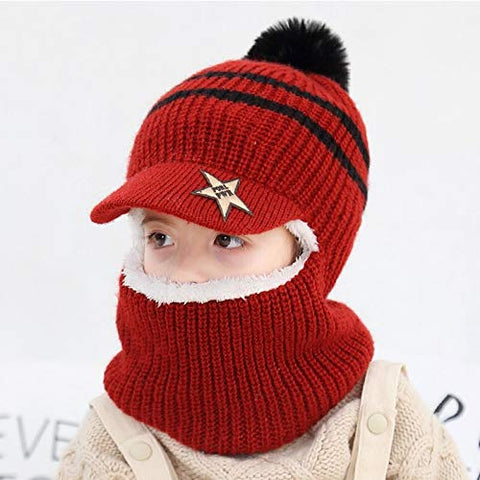 Woolen Warm Pom Pom Monkey Visor Cap Beanie with Anti Flop Brim Winter Accessories for Kids