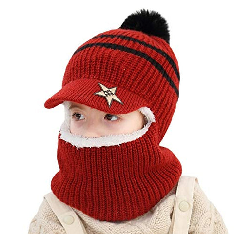 Woolen Warm Pom Pom Monkey Visor Cap Beanie with Anti Flop Brim Winter Accessories for Kids