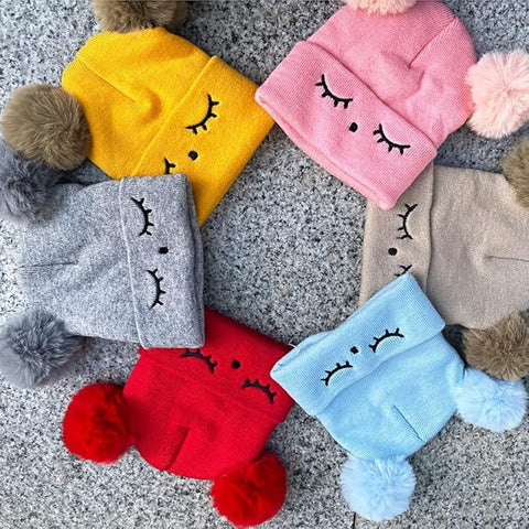 Bear Style Kids Winter Wool Warm Pom-pom Ears Cap Beanie Hat and Muffler