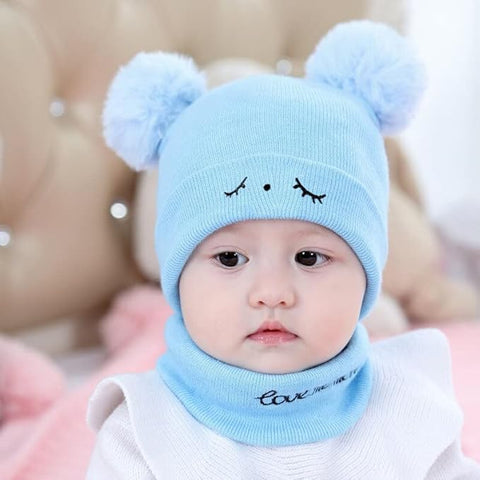 Bear Style Kids Winter Wool Warm Pom-pom Ears Cap Beanie Hat and Muffler