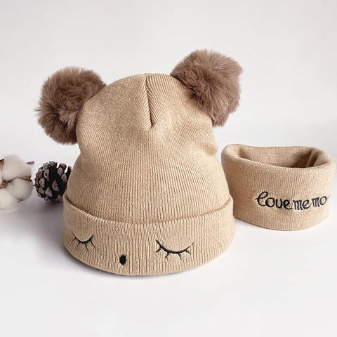 Bear Style Kids Winter Wool Warm Pom-pom Ears Cap Beanie Hat and Muffler