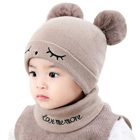 Bear Style Kids Winter Wool Warm Pom-pom Ears Cap Beanie Hat and Muffler