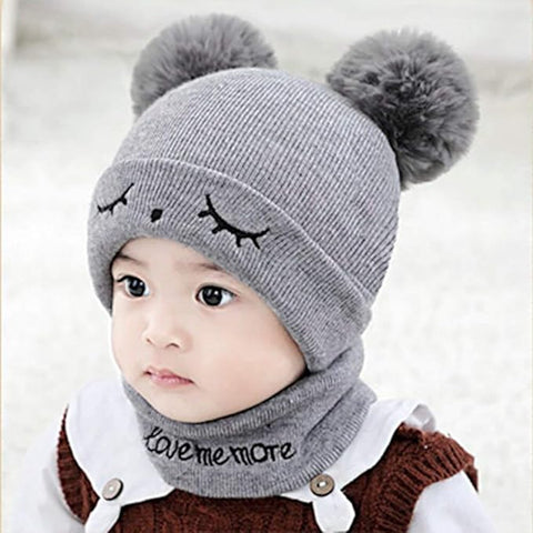 Bear Style Kids Winter Wool Warm Pom-pom Ears Cap Beanie Hat and Muffler