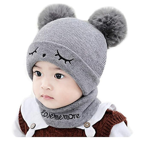 Bear Style Kids Winter Wool Warm Pom-pom Ears Cap Beanie Hat and Muffler