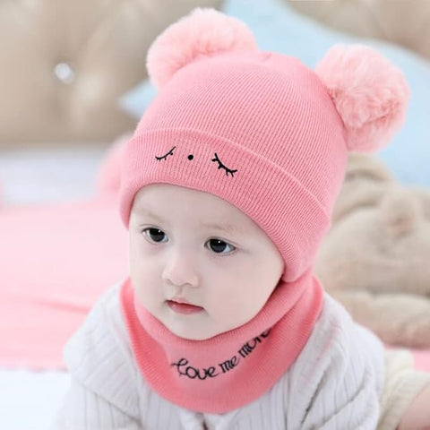 Bear Style Kids Winter Wool Warm Pom-pom Ears Cap Beanie Hat and Muffler