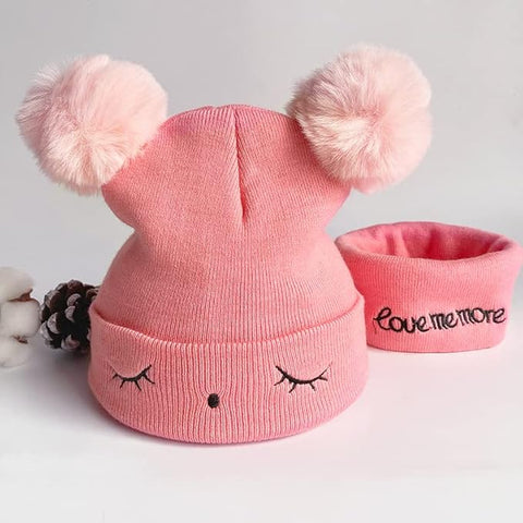 Bear Style Kids Winter Wool Warm Pom-pom Ears Cap Beanie Hat and Muffler