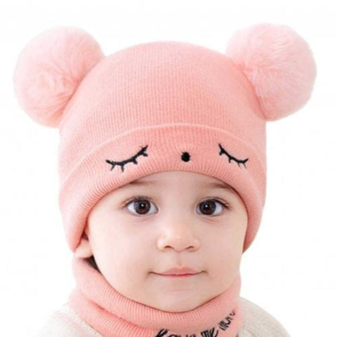 Bear Style Kids Winter Wool Warm Pom-pom Ears Cap Beanie Hat and Muffler