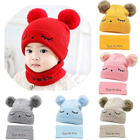 Bear Style Kids Winter Wool Warm Pom-pom Ears Cap Beanie Hat and Muffler