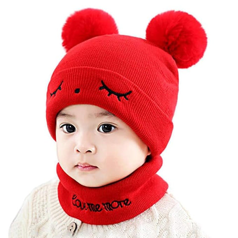 Bear Style Kids Winter Wool Warm Pom-pom Ears Cap Beanie Hat and Muffler