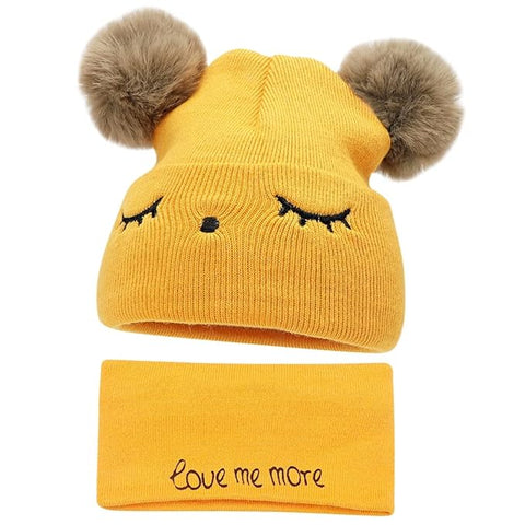 Bear Style Kids Winter Wool Warm Pom-pom Ears Cap Beanie Hat and Muffler