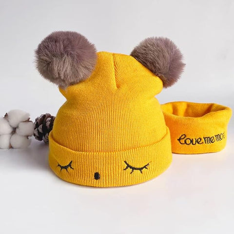 Bear Style Kids Winter Wool Warm Pom-pom Ears Cap Beanie Hat and Muffler