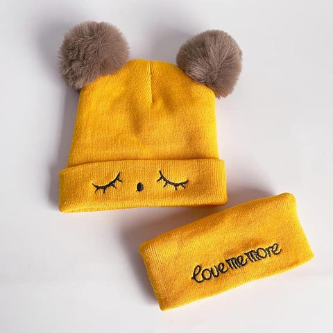 Bear Style Kids Winter Wool Warm Pom-pom Ears Cap Beanie Hat and Muffler