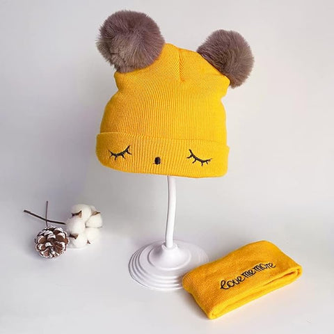 Bear Style Kids Winter Wool Warm Pom-pom Ears Cap Beanie Hat and Muffler