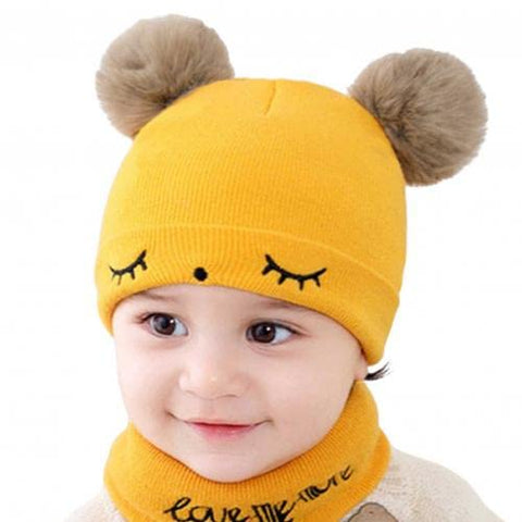 Bear Style Kids Winter Wool Warm Pom-pom Ears Cap Beanie Hat and Muffler