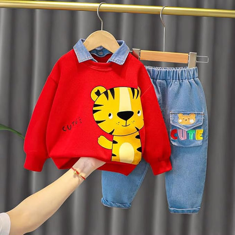 Kids Funky Cartoon Printed Denim Collar T-shirt & Denim Pant Set