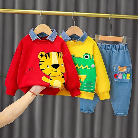 Kids Funky Cartoon Printed Denim Collar T-shirt & Denim Pant Set