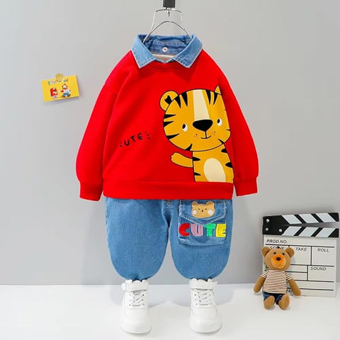 Kids Funky Cartoon Printed Denim Collar T-shirt & Denim Pant Set