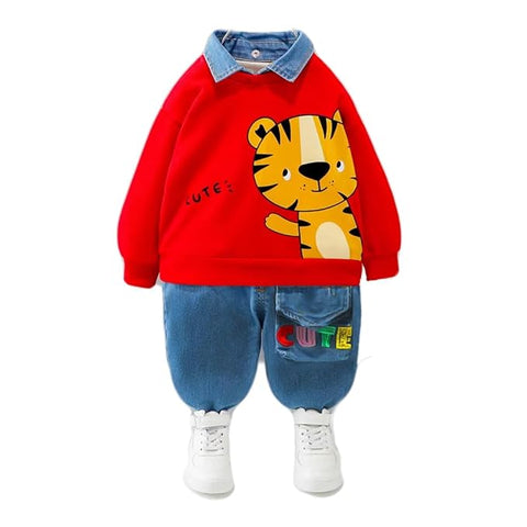 Kids Funky Cartoon Printed Denim Collar T-shirt & Denim Pant Set