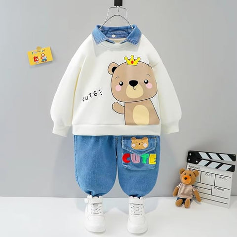 Kids Funky Cartoon Printed Denim Collar T-shirt & Denim Pant Set