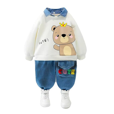 Kids Funky Cartoon Printed Denim Collar T-shirt & Denim Pant Set