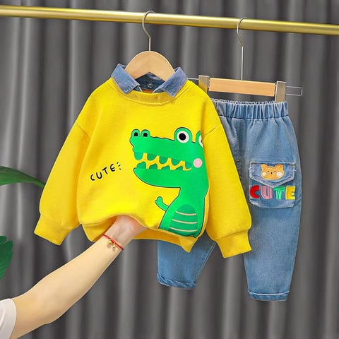 Kids Funky Cartoon Printed Denim Collar T-shirt & Denim Pant Set