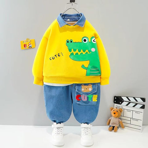 Kids Funky Cartoon Printed Denim Collar T-shirt & Denim Pant Set