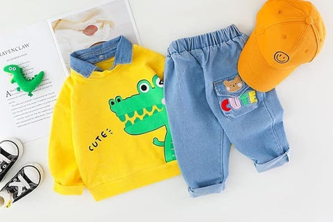 Kids Funky Cartoon Printed Denim Collar T-shirt & Denim Pant Set