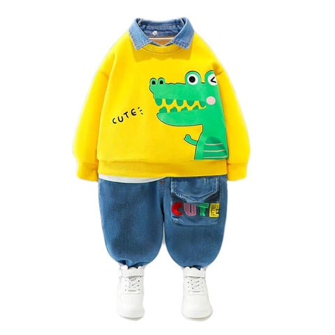 Kids Funky Cartoon Printed Denim Collar T-shirt & Denim Pant Set