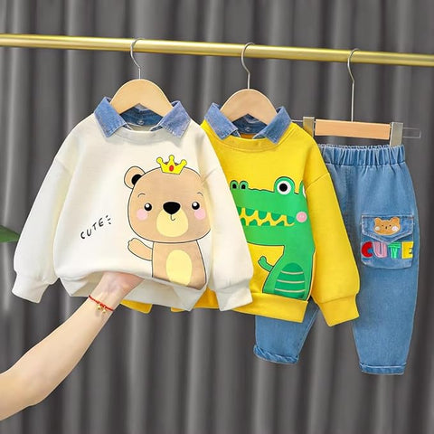 Kids Funky Cartoon Printed Denim Collar T-shirt & Denim Pant Set