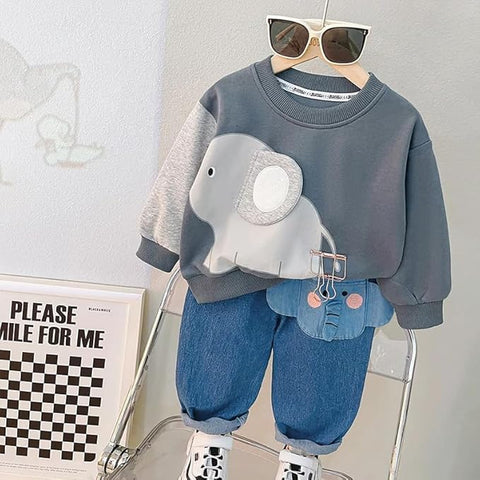 Kids Elephant Themed Sweatshirt & Denim Pant Set