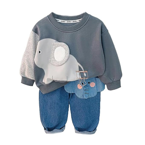 Kids Elephant Themed Sweatshirt & Denim Pant Set